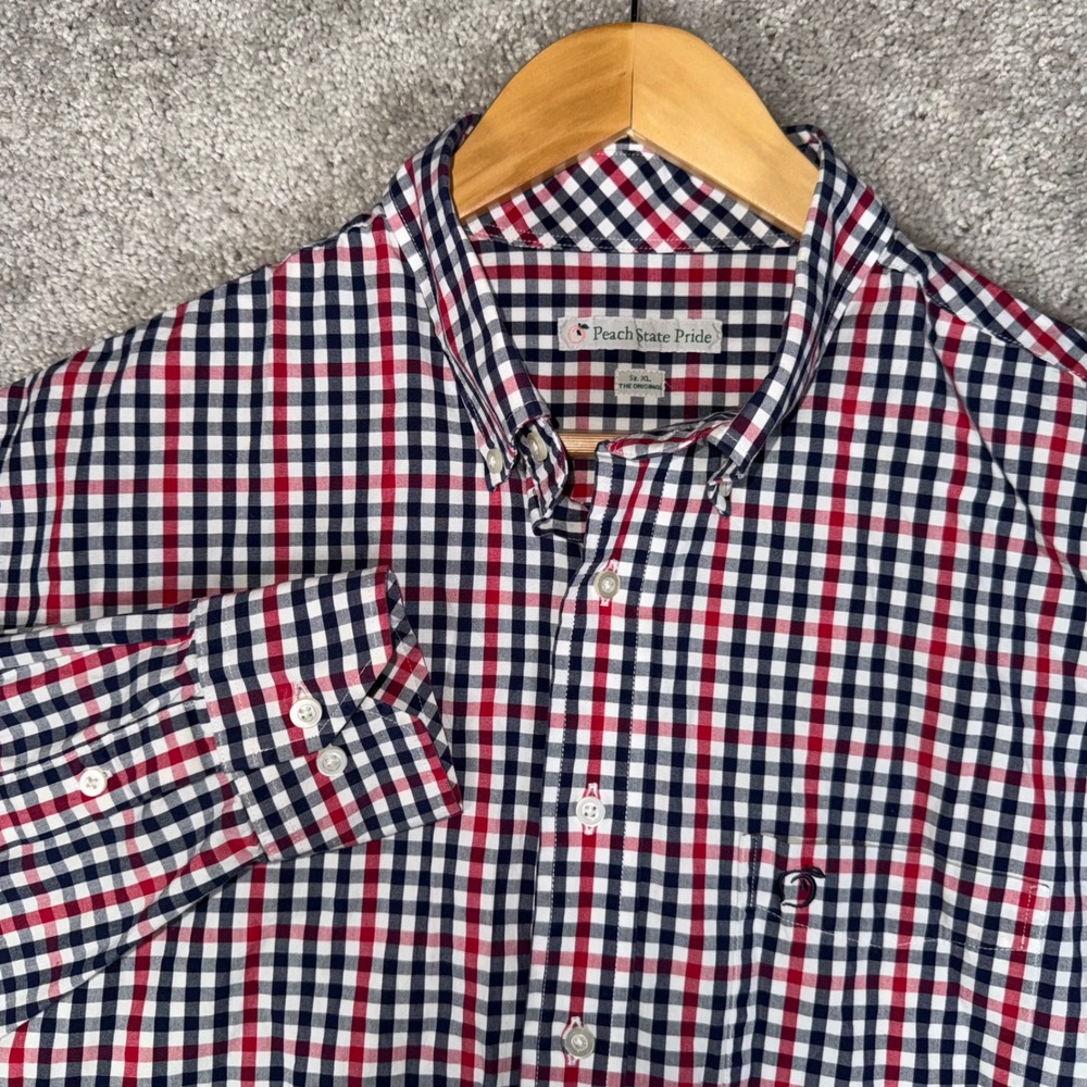 Peach State Pride Men's XL Red White Blue Gingham Button Down Long‎ Sleeve Shirt